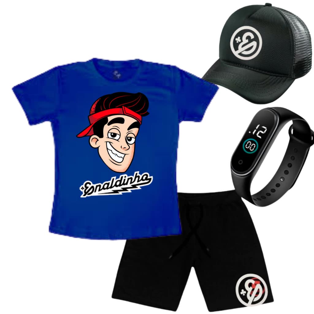 Camiseta Bermuda Infantil Enaldinho + bone + relogio kit pronta entrega