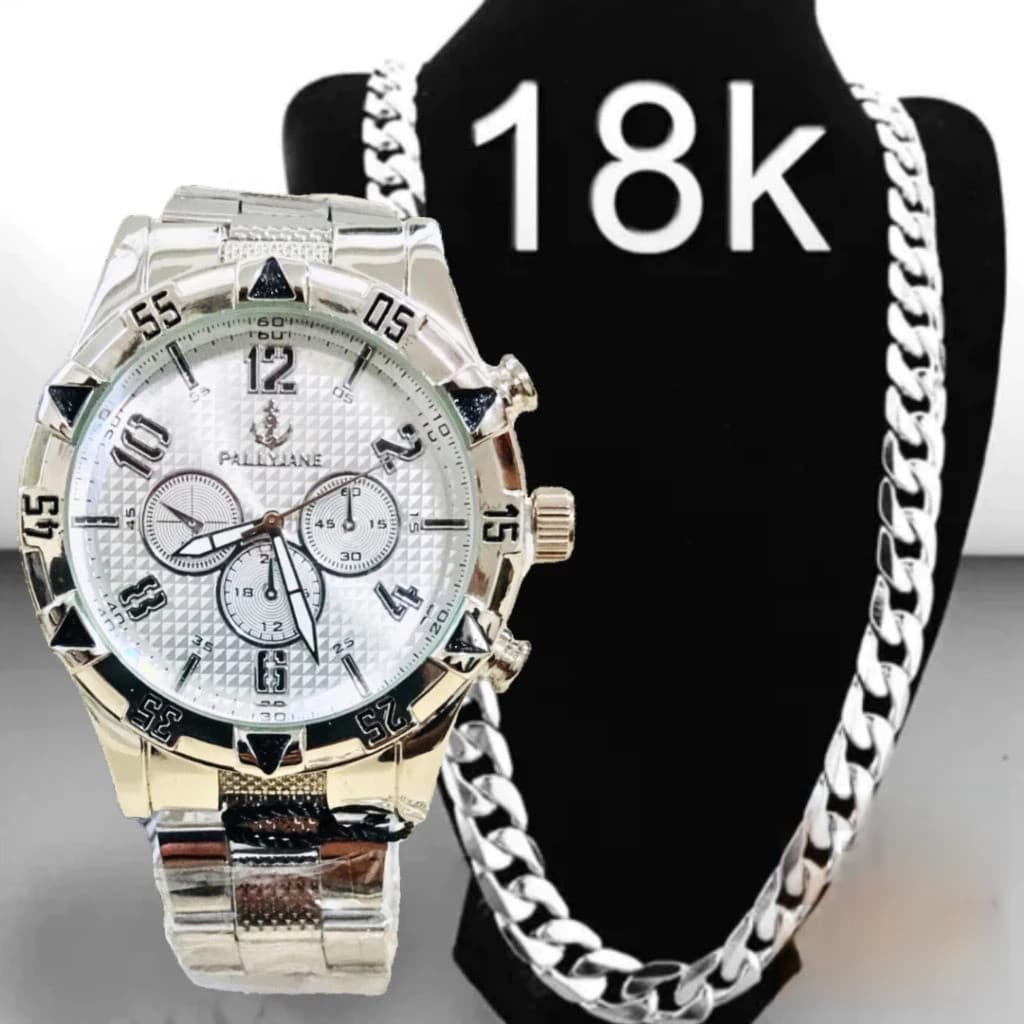 Relógio Masculino Prata Dourado Banhado Aço 18k + Corrente 18K