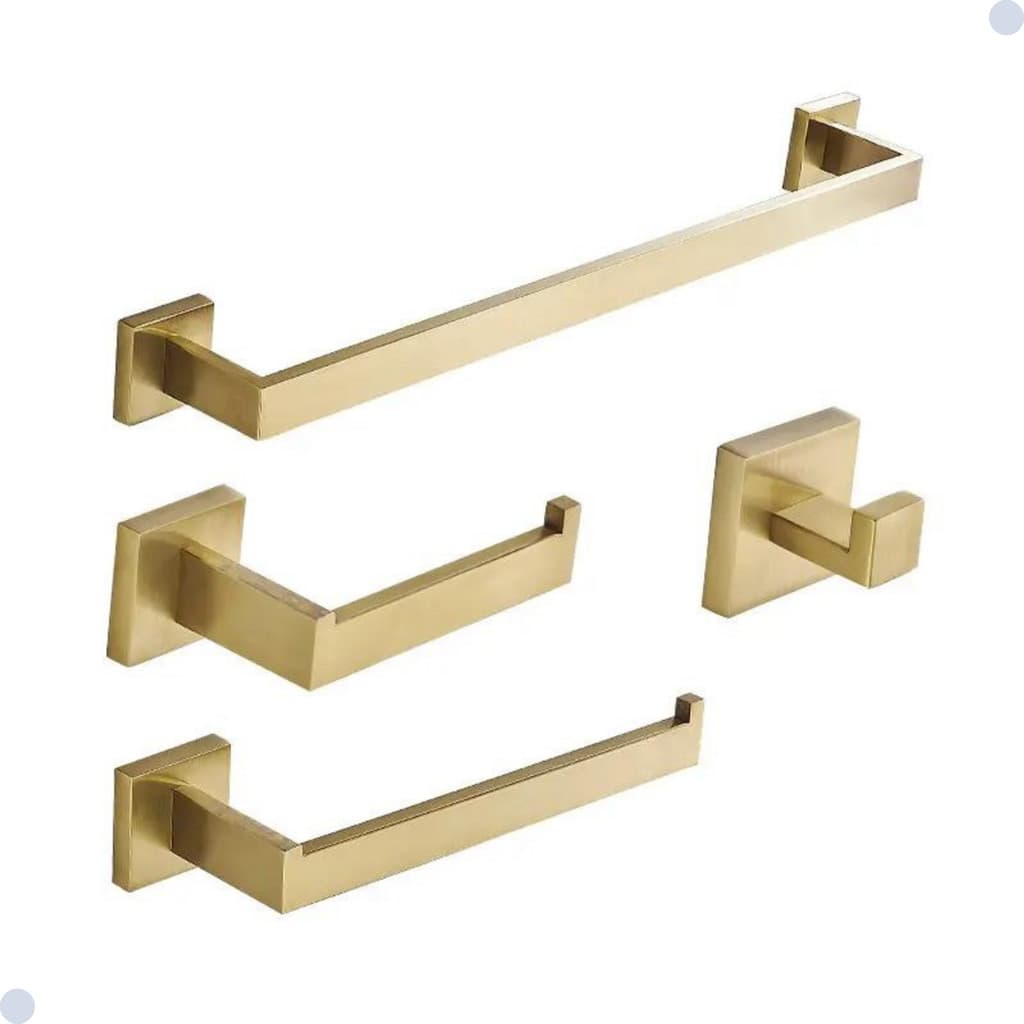 KIT ACESSORIOS PARA BANHEIRO INOX ACABAMENTO QUADRADO DOURADO GOLD 4 PEÇAS