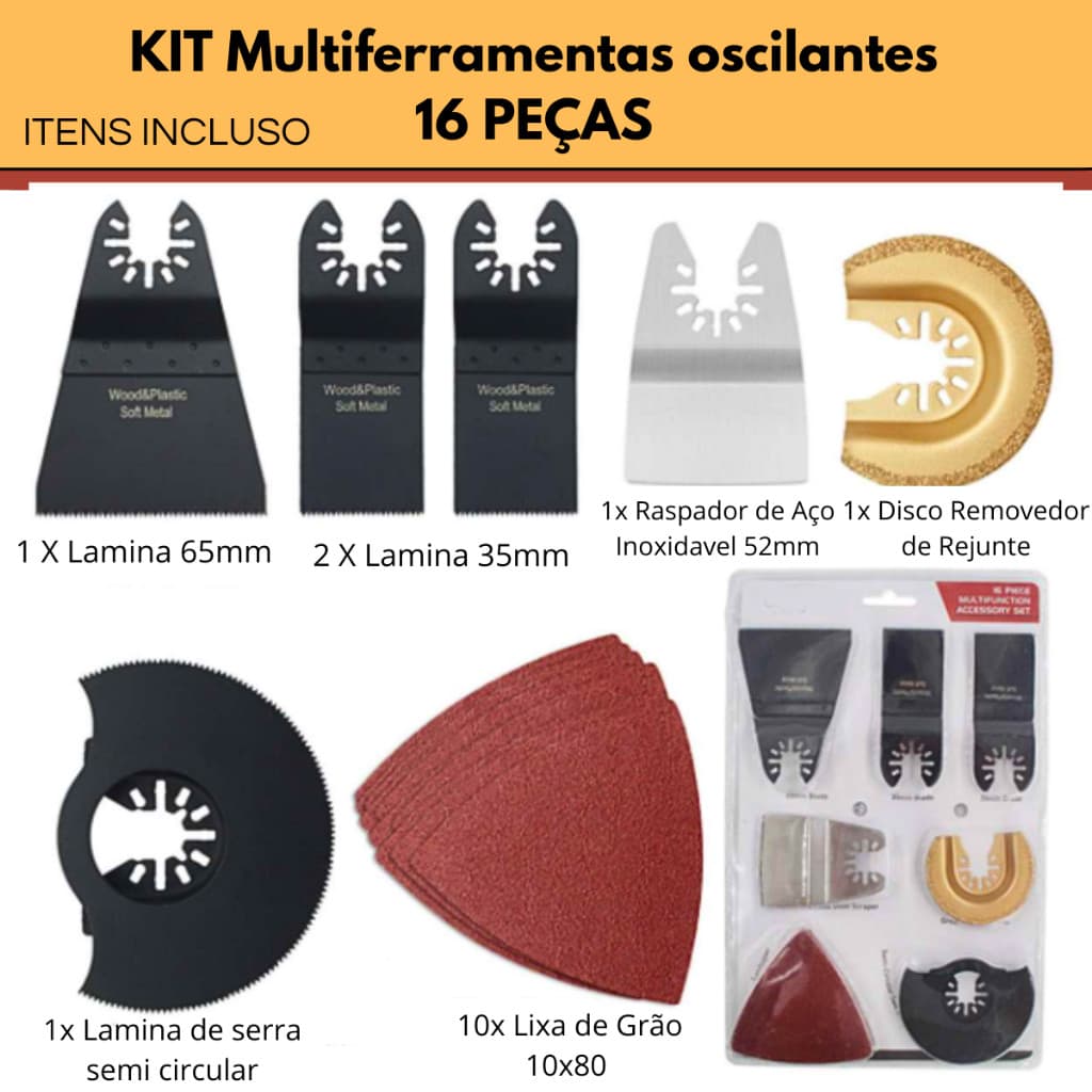 Lamina De Serra Oscilante Kit 16 Pçs  Multiferramentas Lixa De Corte + Disco Removedor