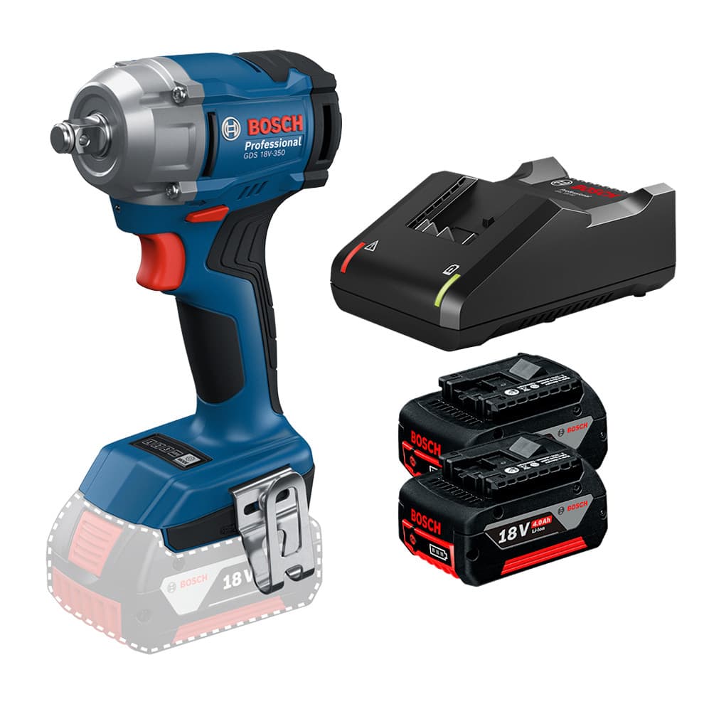 Kit Chave Impacto 1/2" Motor BL Bosch GDS 18V-350 + 2 Baterias GBA 18V 4Ah e Carregador de Bateria GAL 18V-40 (Bivolt)