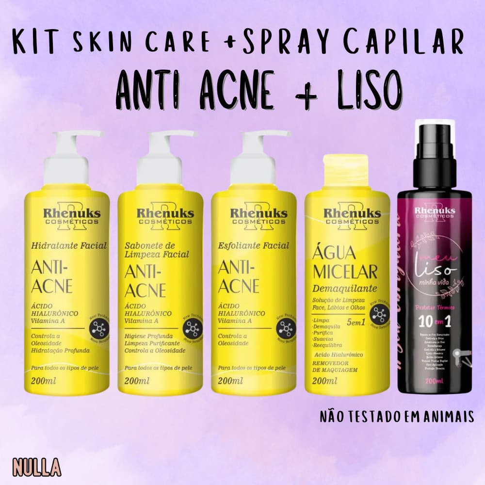 Skin Care ANTI ACNE + SPRAY MEU LISO - KIT FACIAL c/ hialurônico e vitamina A RHENUKS c/ 4 itens + spray capilar