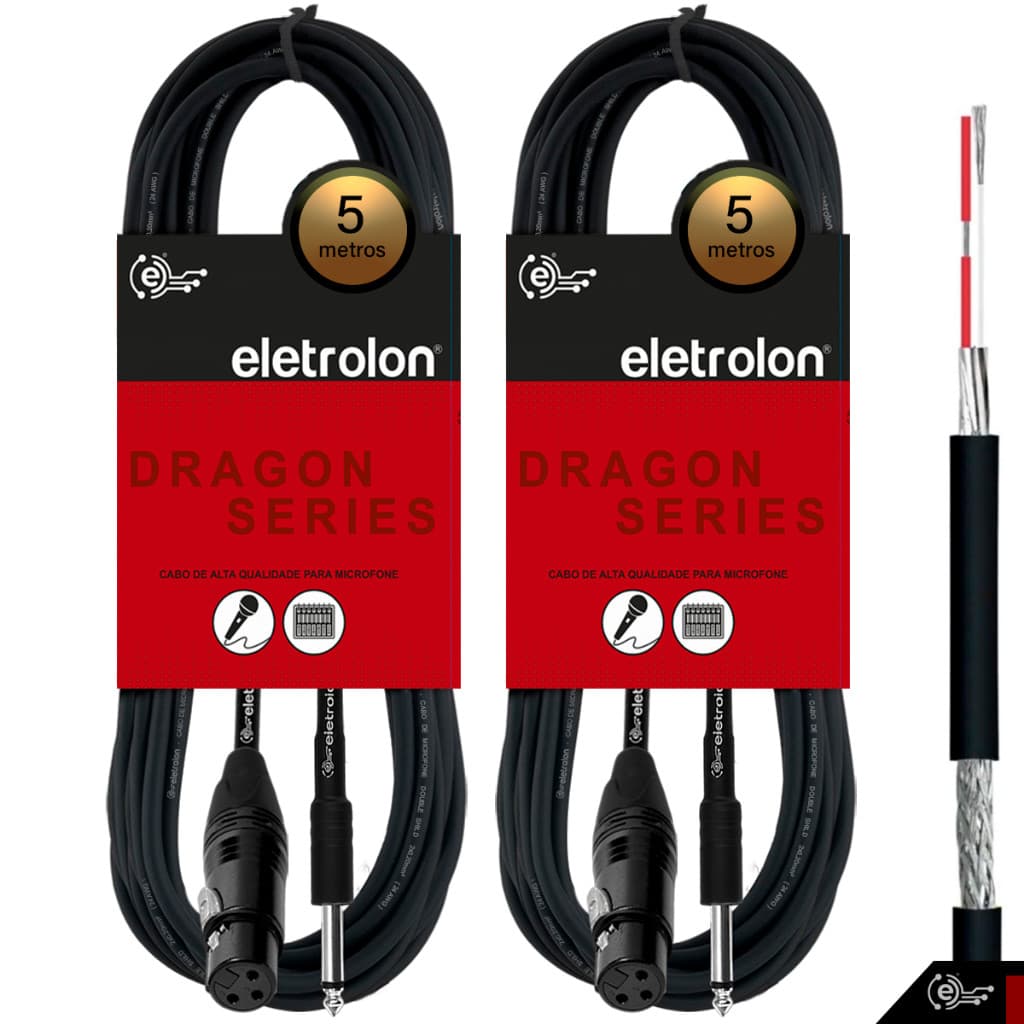 Kit 2 Cabo De Microfone P10 Mono Para Xlr Fêmea 5m Metros