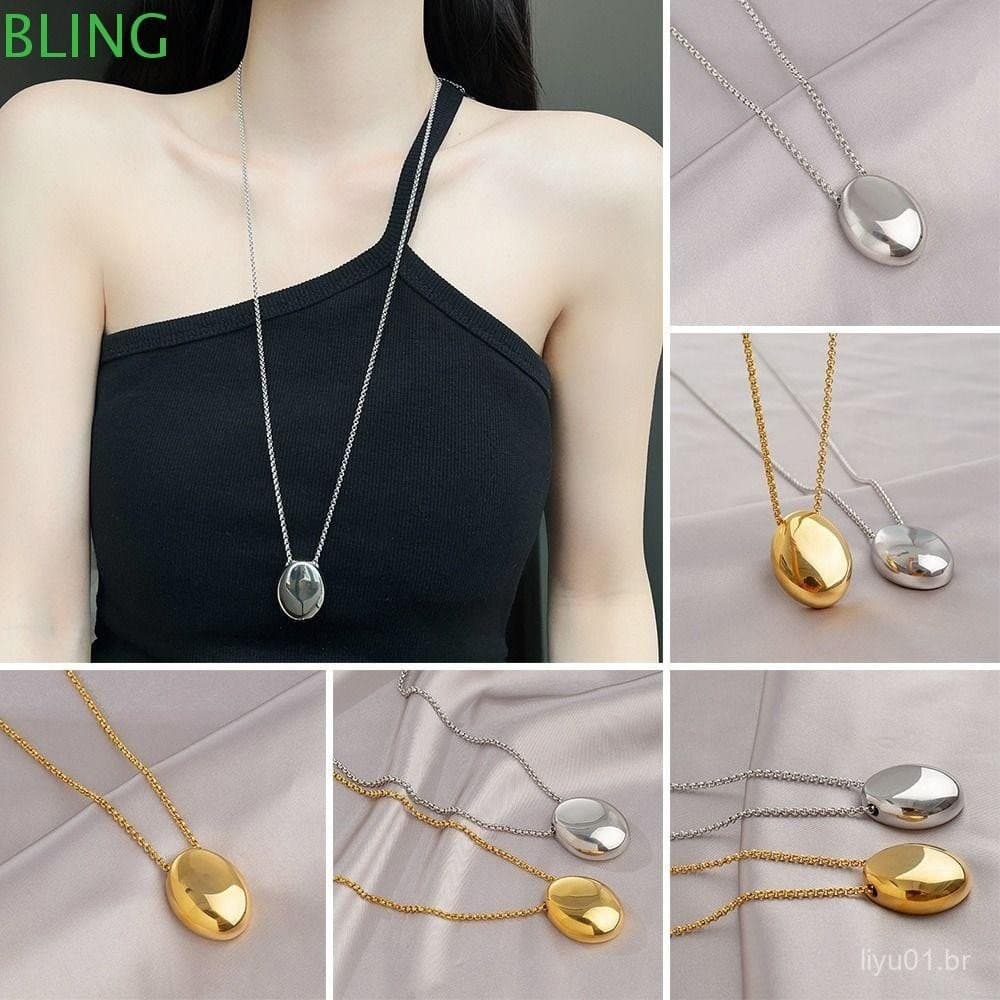 Corrente De Suéter BLING , Colar Com Pingente Oval , Decoração De Longa E Fina De Metal Escovado