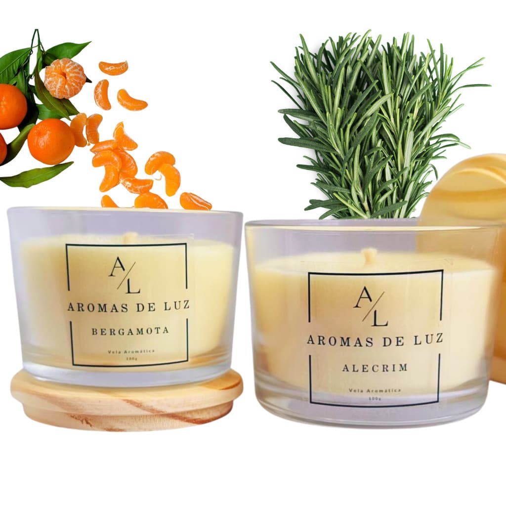 Kit com 2 Velas Aromáticas Premium - Alecrim e Bergamota 100% Cera de Coco Vegana