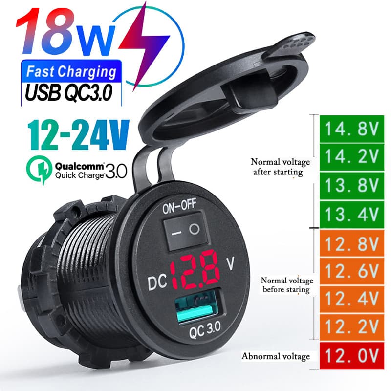 Tomada Para Carregador De Carro Com Interruptor ON-OFF E Display Digital Voltímetro QC 3.0 USB Adaptador De Carregamento Rápido 12V/24V Motocicleta