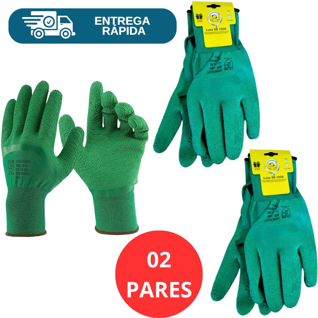 Kit 2 Prs Luva Revestida Látex Corrugado Verde SS 1009  Banhada Coleta Jardinagem Reciclagem Epi