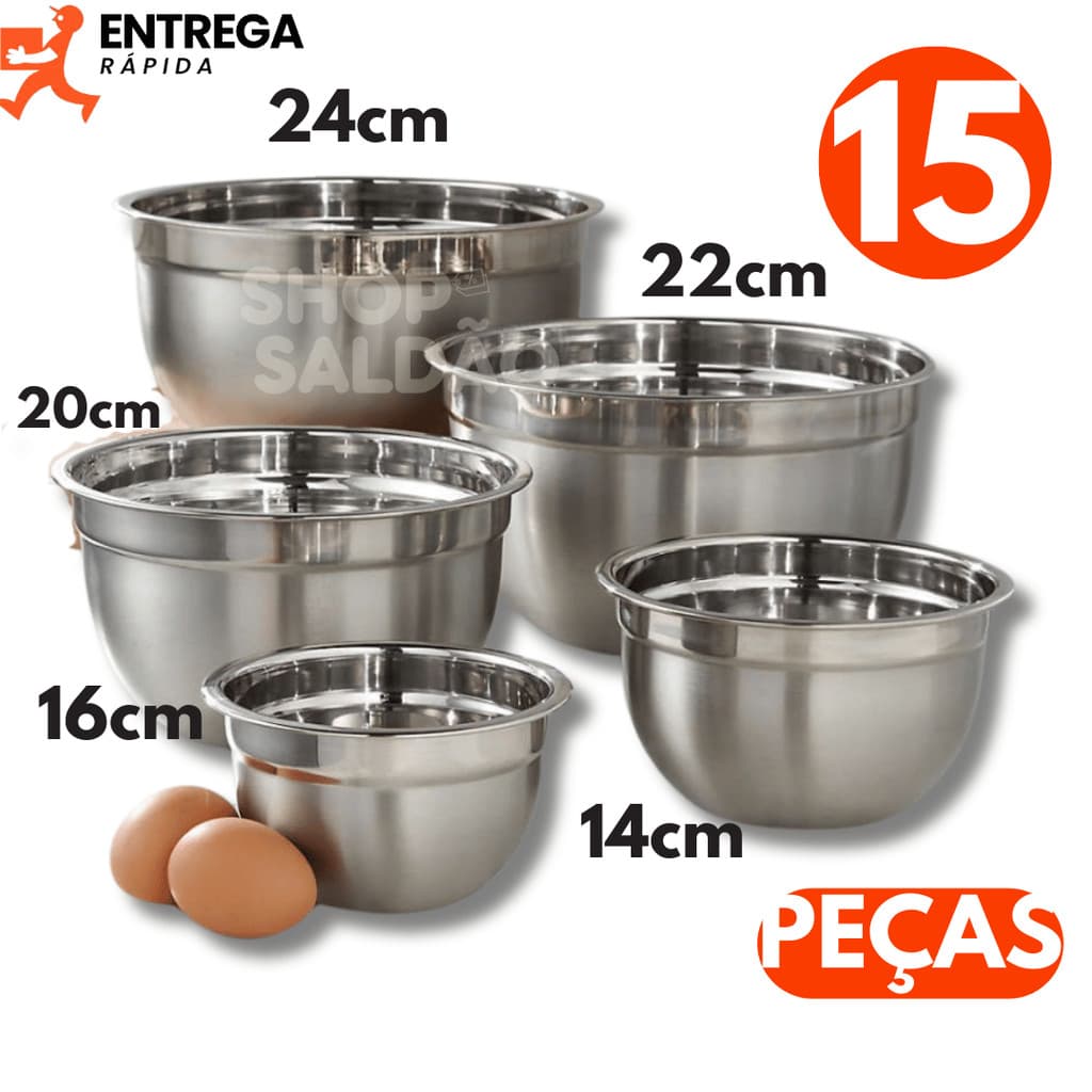 kit 5 Bowl Inox Jogo de Tigela com Tamanhos diferentes Bacia de Inox para Cozinha Multiuso