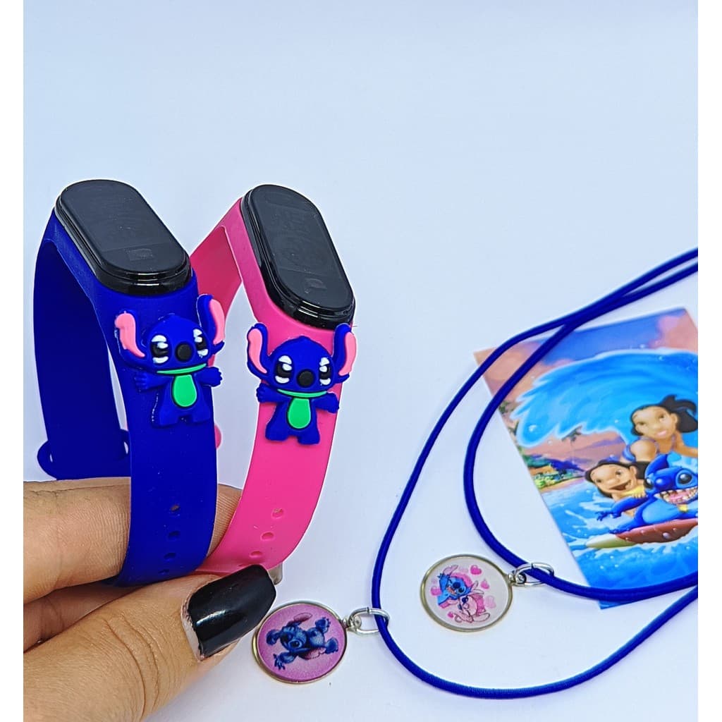 Kit Relógio Infantil Digital Led Prova água 3D Disney Lilo e Stitch Rosa azul + Conjunto 2 Colares Best Friends Amizade