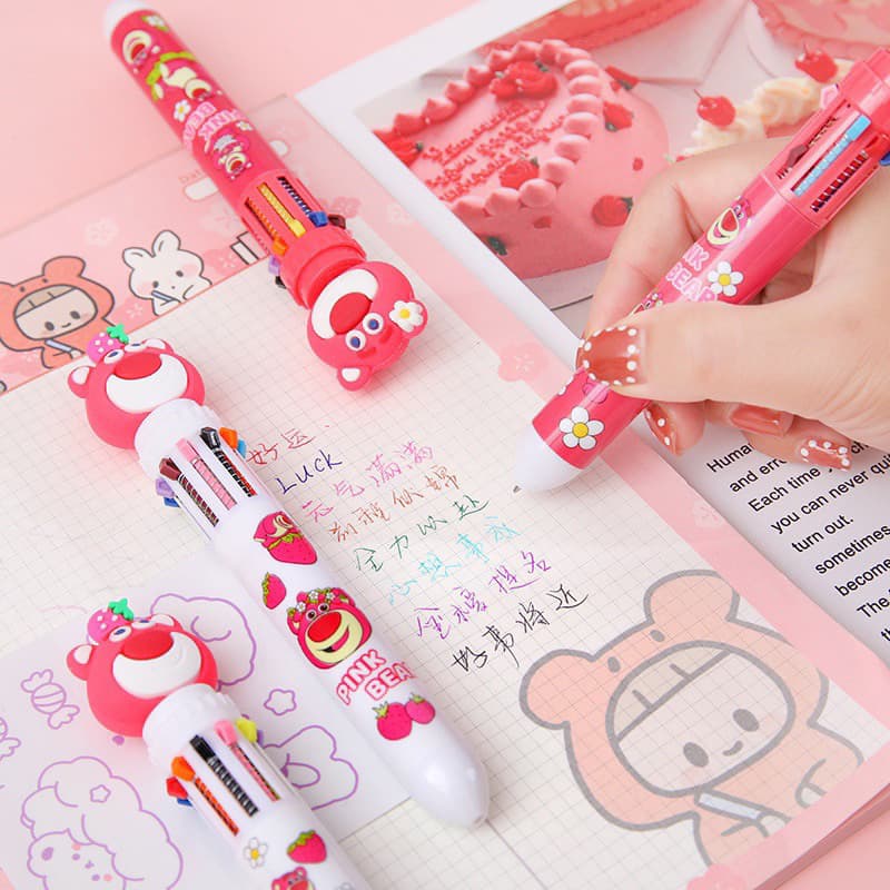Caneta 10 Cores Retrátil Kawaii Esferográfica Material Escolar Escritório Papelaria Urso Rosa Lotso