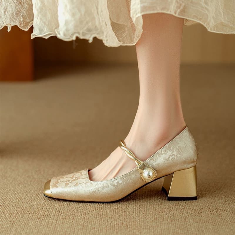 Salto alto boca rasa 2025 novo estilo Mary Jane sapatos bico quadrado