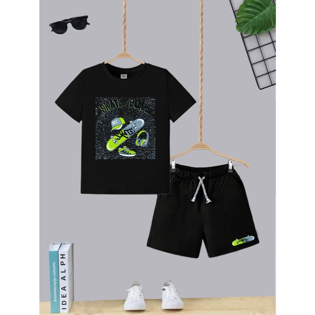Camiseta + Short Conjunto Infantil Skate Board Moda Teen Kids Bolso Lateral