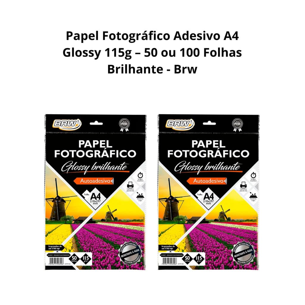 Papel Fotográfico Adesivo A4 Glossy 115g - Brw com 50 ou 100 Folhas Brilhante