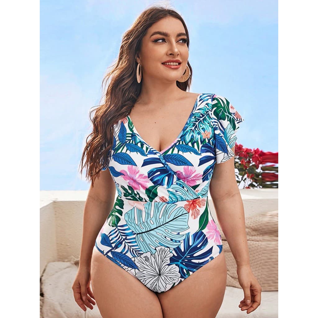 Maiô feminino plus size, decote em V profundo, mangas com babados, cobertura da barriga, maiô resort