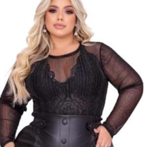 Body plus size tule lurex brilho manga longa transparente / blusa brilho festa