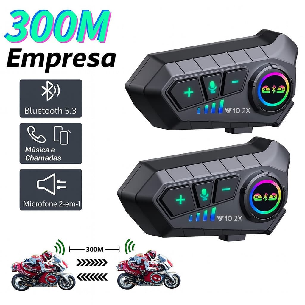 2pcs Intercomunicador Capacete Moto Bluetooth 5.3 300M 2000mAh Mic 2 em 1 Universal p/ Capacete