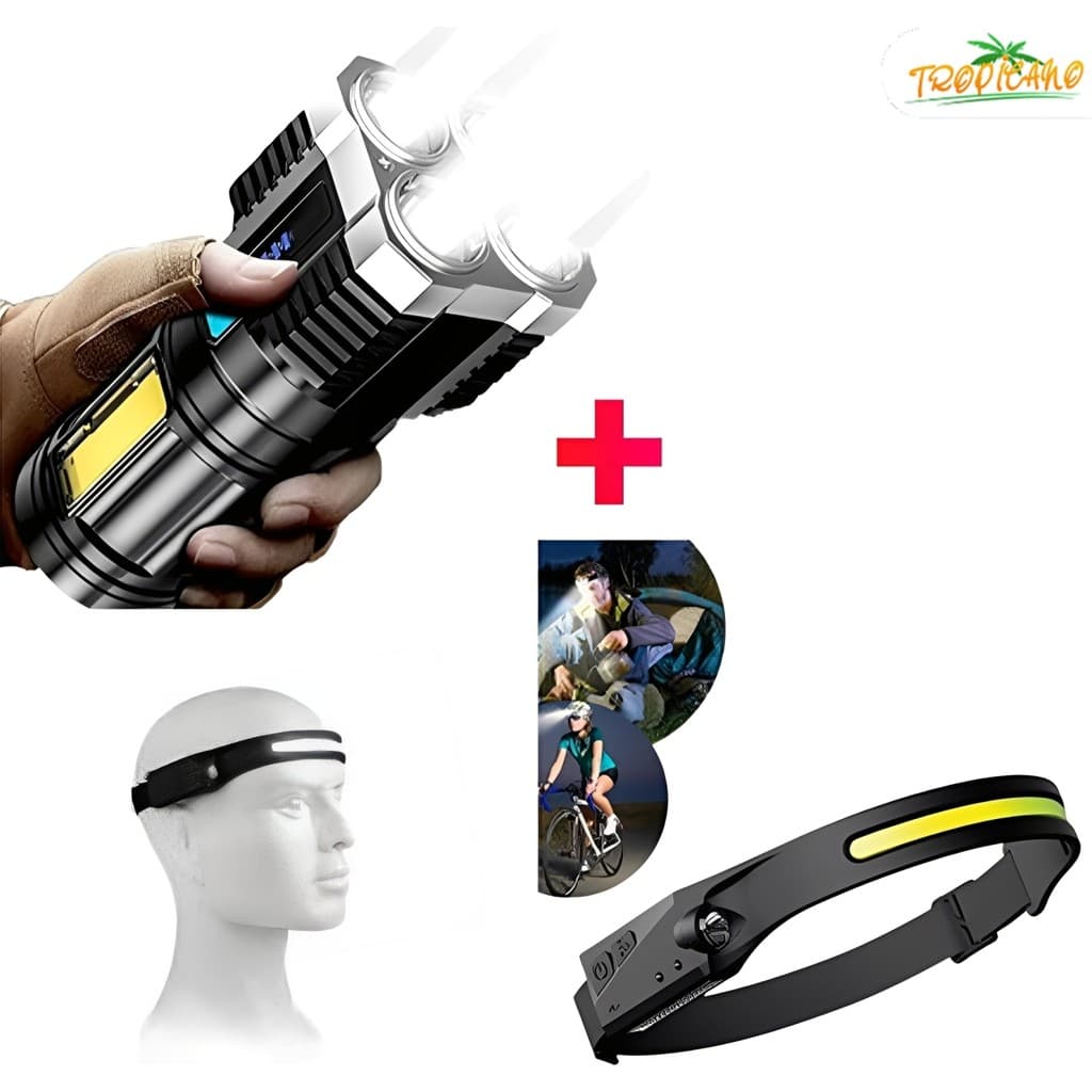 Kit de lanterna tática recarregável + lanterna de cabeça de corpo Led luz de lanterna de acampamento esportivo com USB