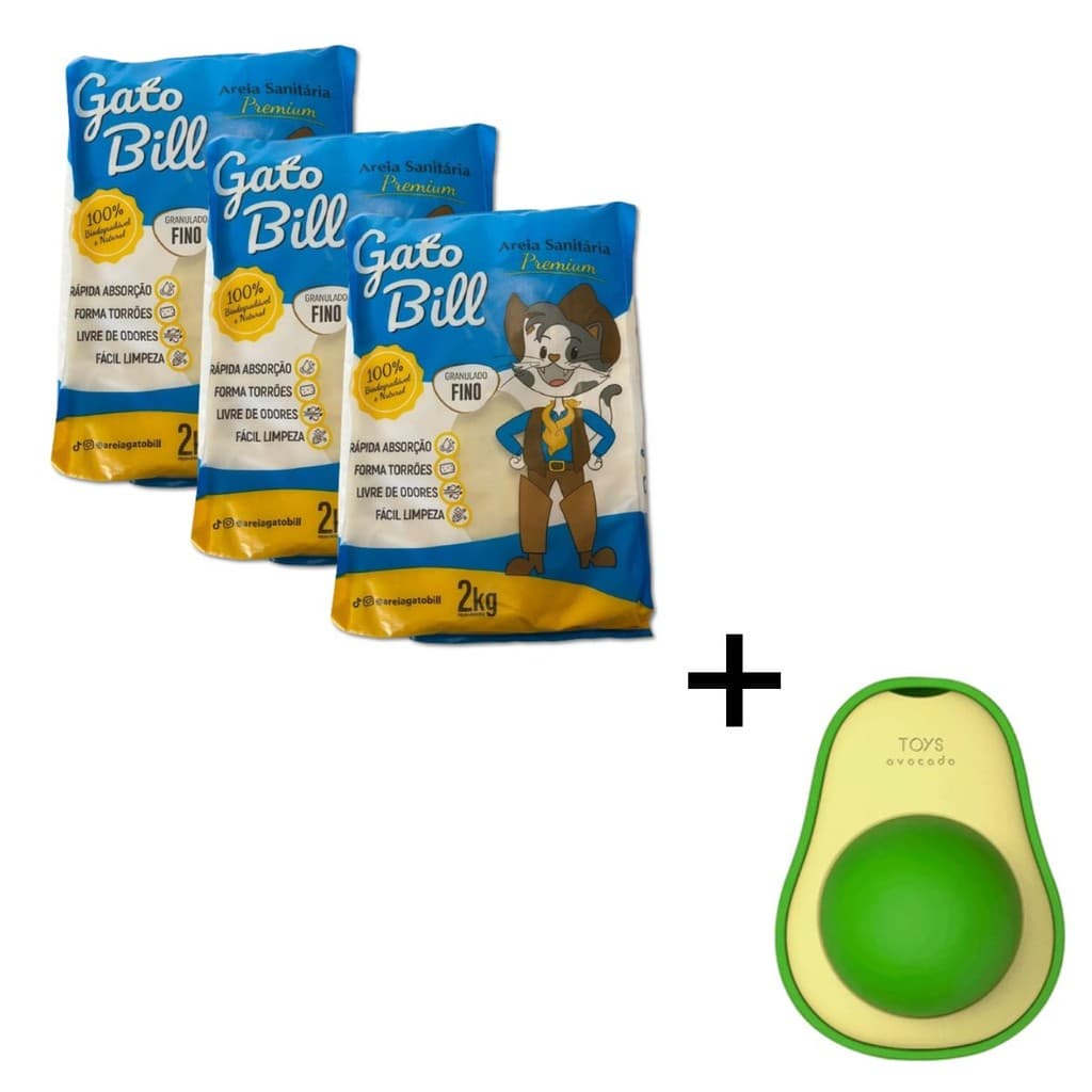 KIT 3 AREIA GATOBILL FINA  + 1 BRINQUEDO ABACATE CATNIP PARA GATOS