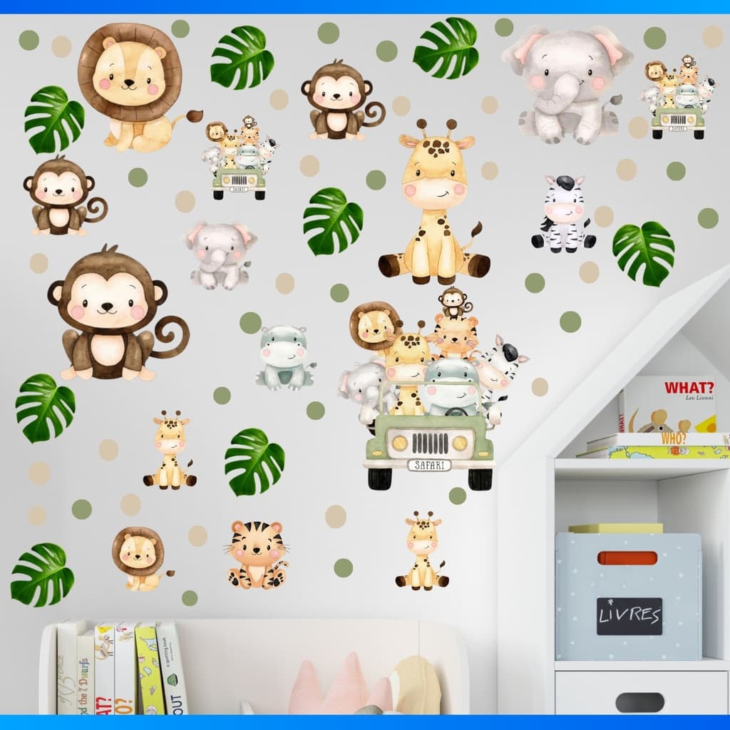 Kit de 44 Adesivos Recorte Animais Safari + Bolinhas - Papel de Parede Infantil DESCONTO