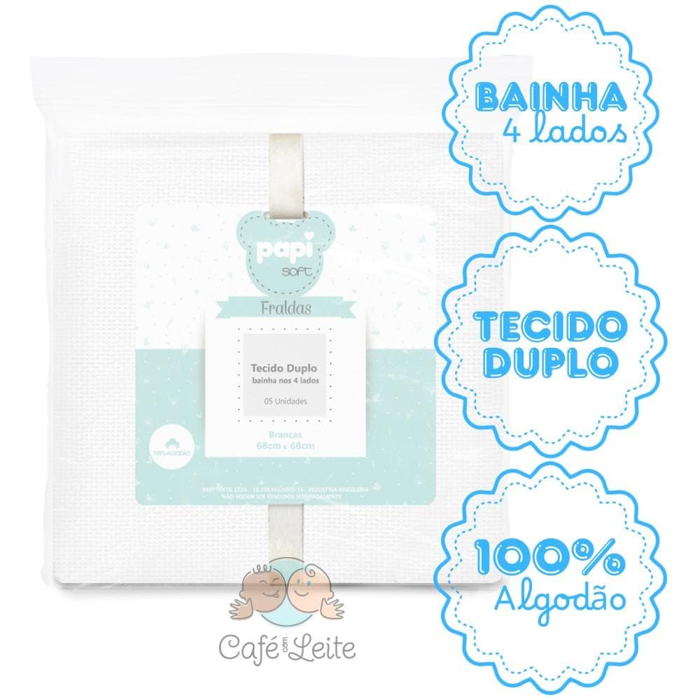 Fralda Papi Soft Com Bainha Branca 68 cm x 68 cm Pacote Com 5 Unidades 100% Algodão