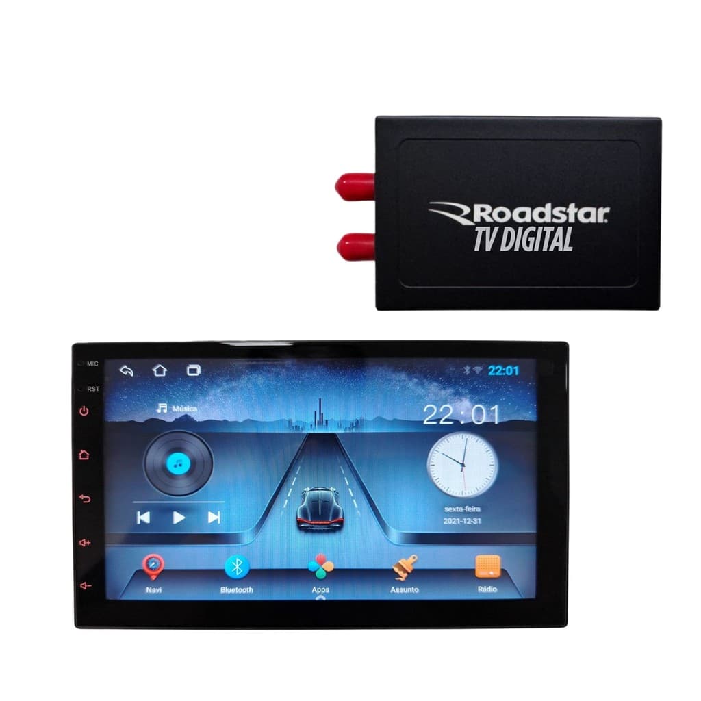 Central Multimídia TV Digital GPS Android 14 Bluetooth 7 Cores Comando Volante 2 Din MP5 Rádio Carro