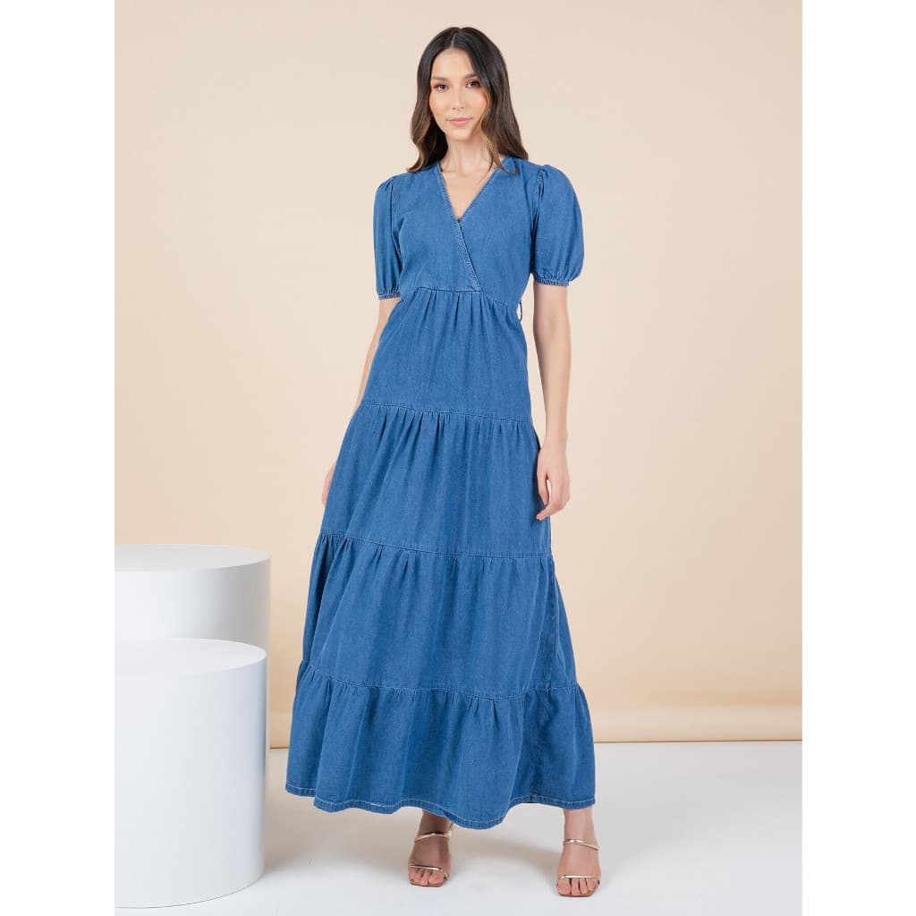 ninajeans915 vestido jeans feminina longa manga bufante  sem cinto 915