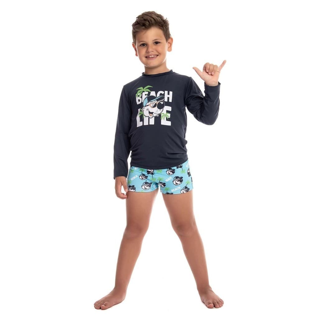 Conjunto Camiseta Manga Longa E Sunga Menino Praia UV+50 Dia De Praia Passeio