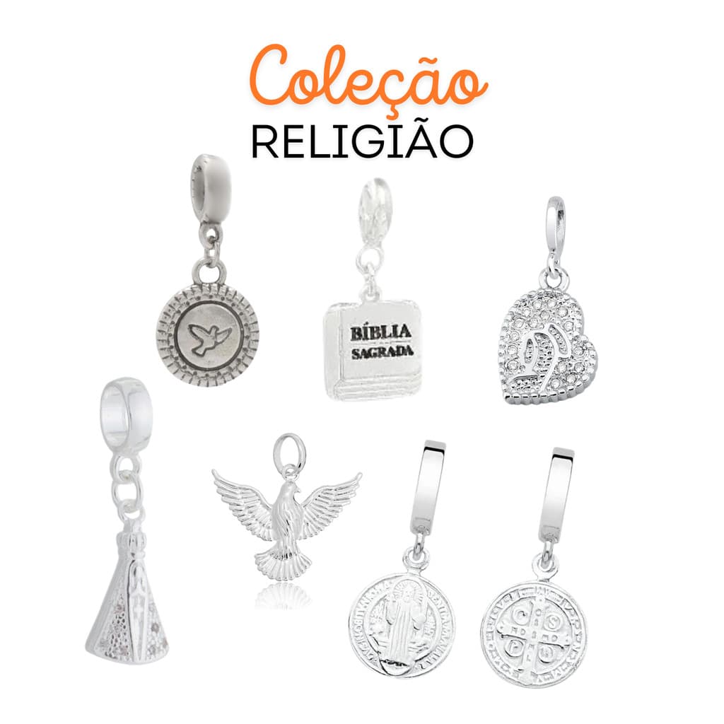Coleção Berloque Religião Fé Paz Nossa Senhora Biblia Cruz Santo Corração Banhado a Prata 925
