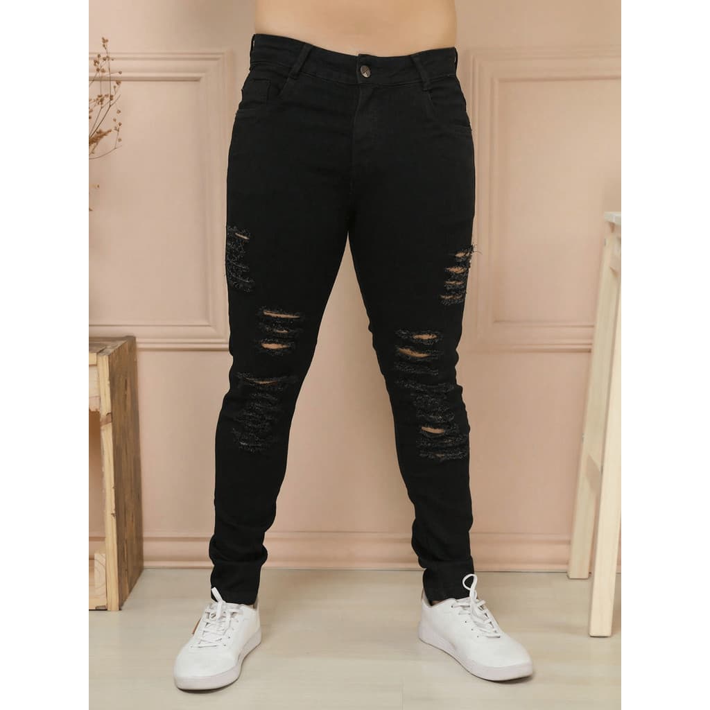 Calça Masculina Preta Rasgada Slim Elastano Fit Detalhe Barra Feita Presente Pai