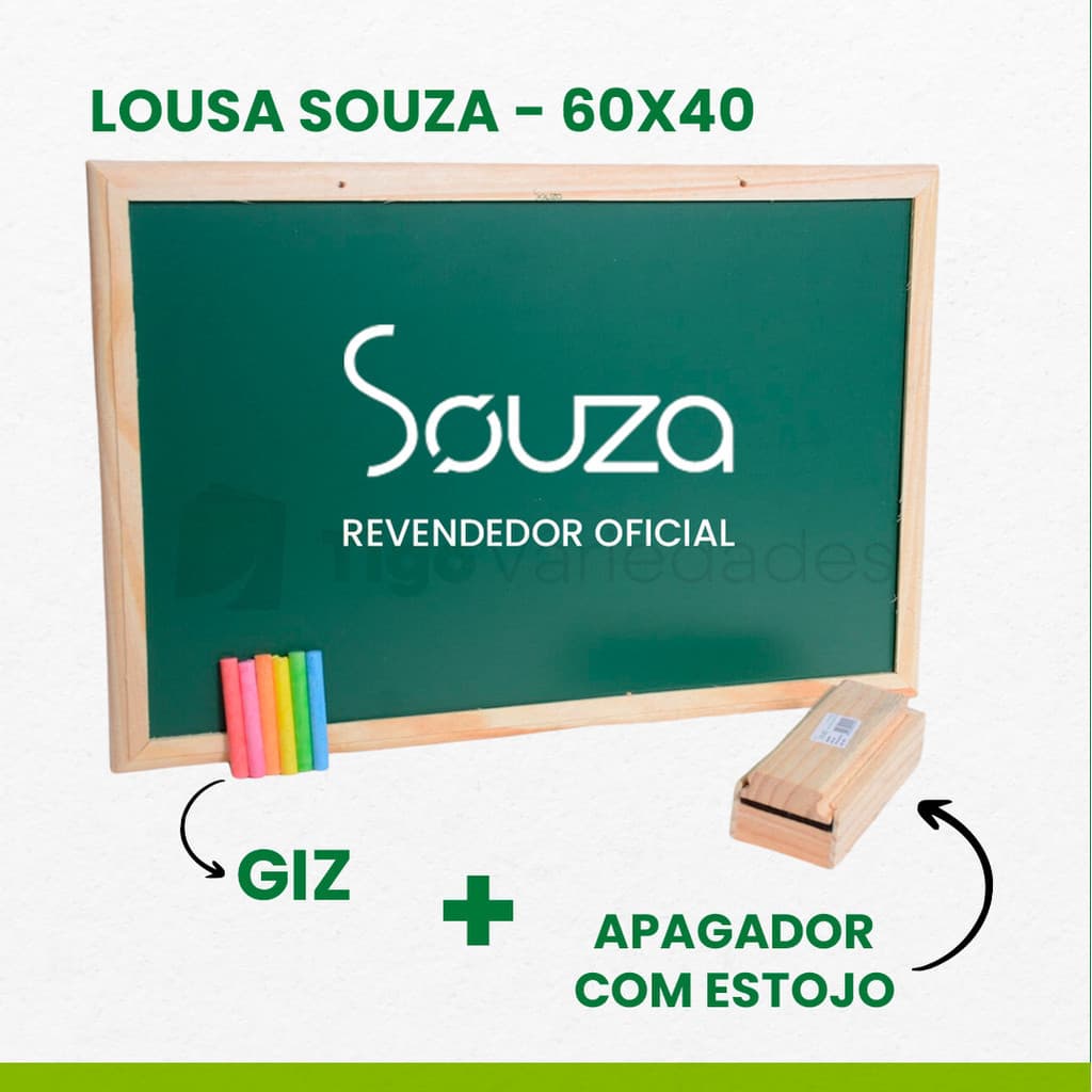 Lousa quadro escolar 60x40 Souza com porta giz apagador e giz