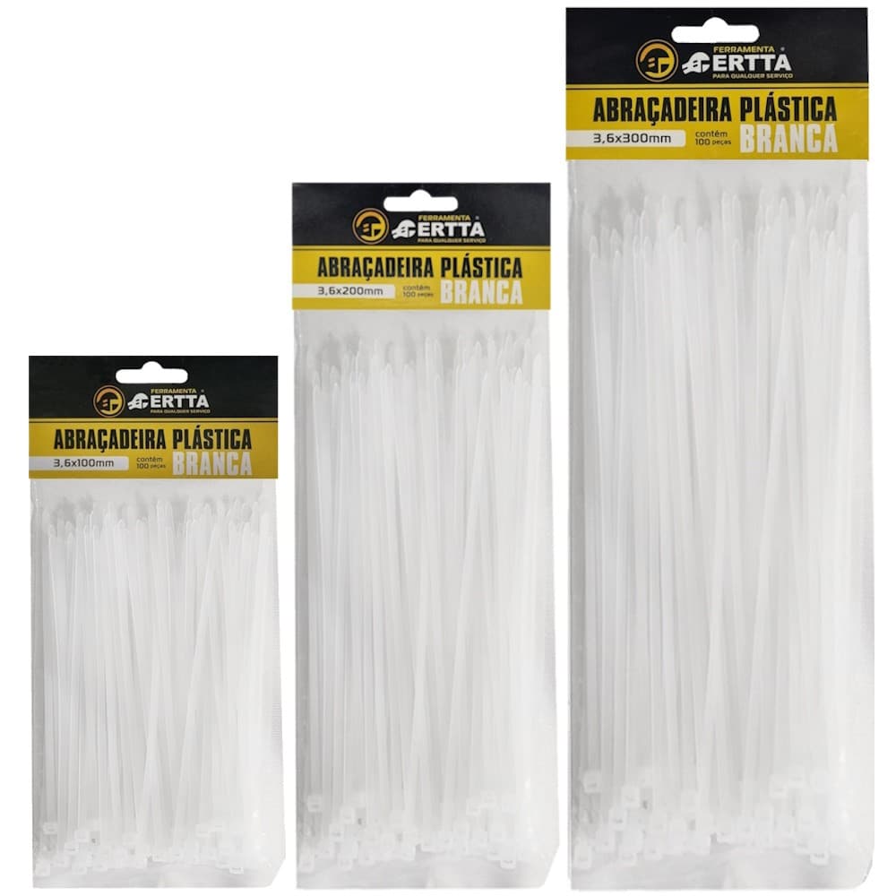 Kit Com 300 Fitas Hellerman Enforca Gato Cinta Plástica Abraçadeira Lacre Nylon 10 20 e 30cm Branca