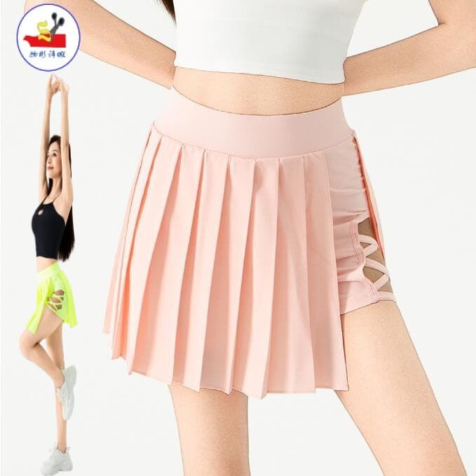 WSX falso de duas peças esportes lado oco cruz plissado saia esportiva Anti-reflexo Badminton tênis saia integrada Fitne