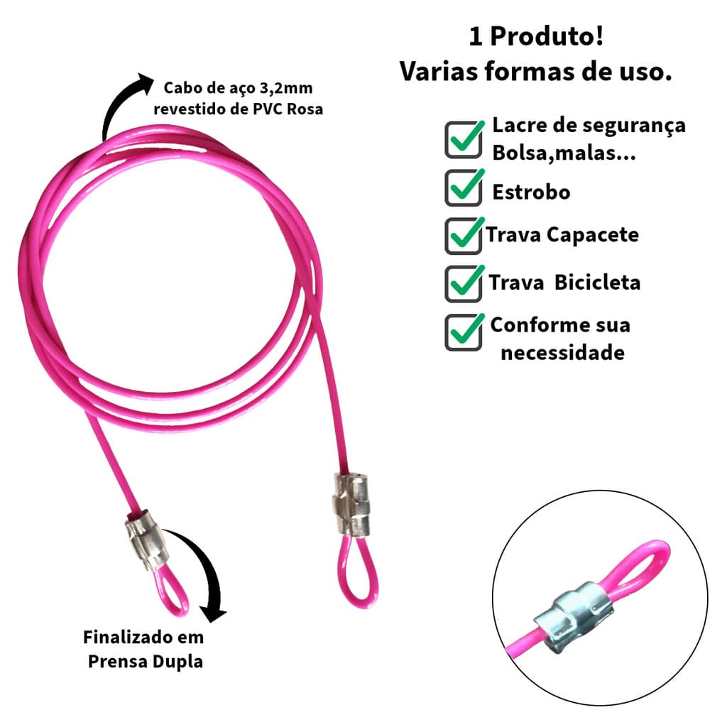Kit 3 Lacres 35cm Cabo de Aço Revestido PVC ROSA Security Bag Trava Ziper Malas Bike Bagagens Capacete Bolsa Estrobo