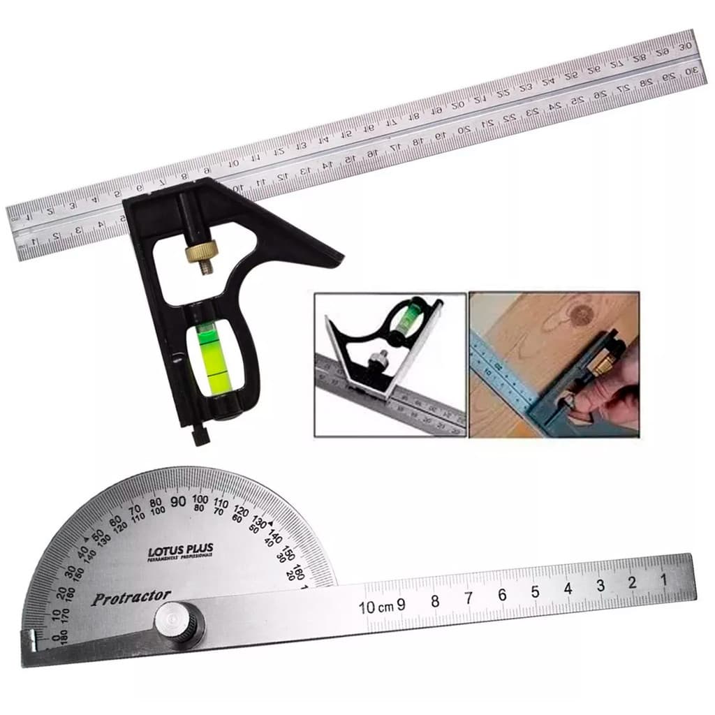 Kit Esquadro Combinado + Transferidor Grau Inox 180 Graus Ferramentas
