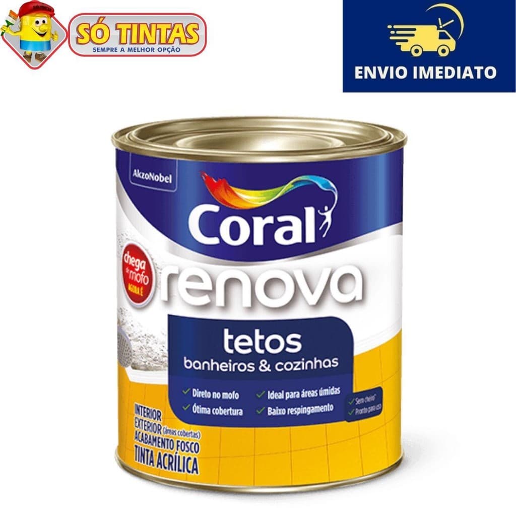 Tinta Acrílica Renova Tetos Banheiros e Cozinhas Fosco LAVÁVEL Antimofo Branco 900ml Coral