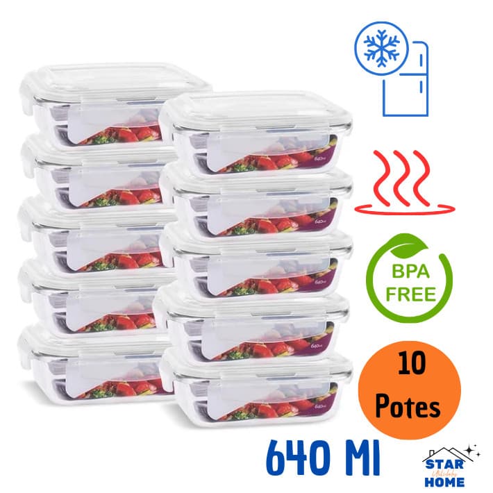 Kit 10 Potes de Vidro 640ml Hermético Marmita Fit com Tampa 4 Travas