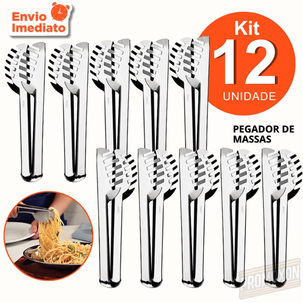 Kit 12, 6 ou 3 unid - Utensílio Pegador de Massa Inox Com Serrilha Ideal para Massa e Salada