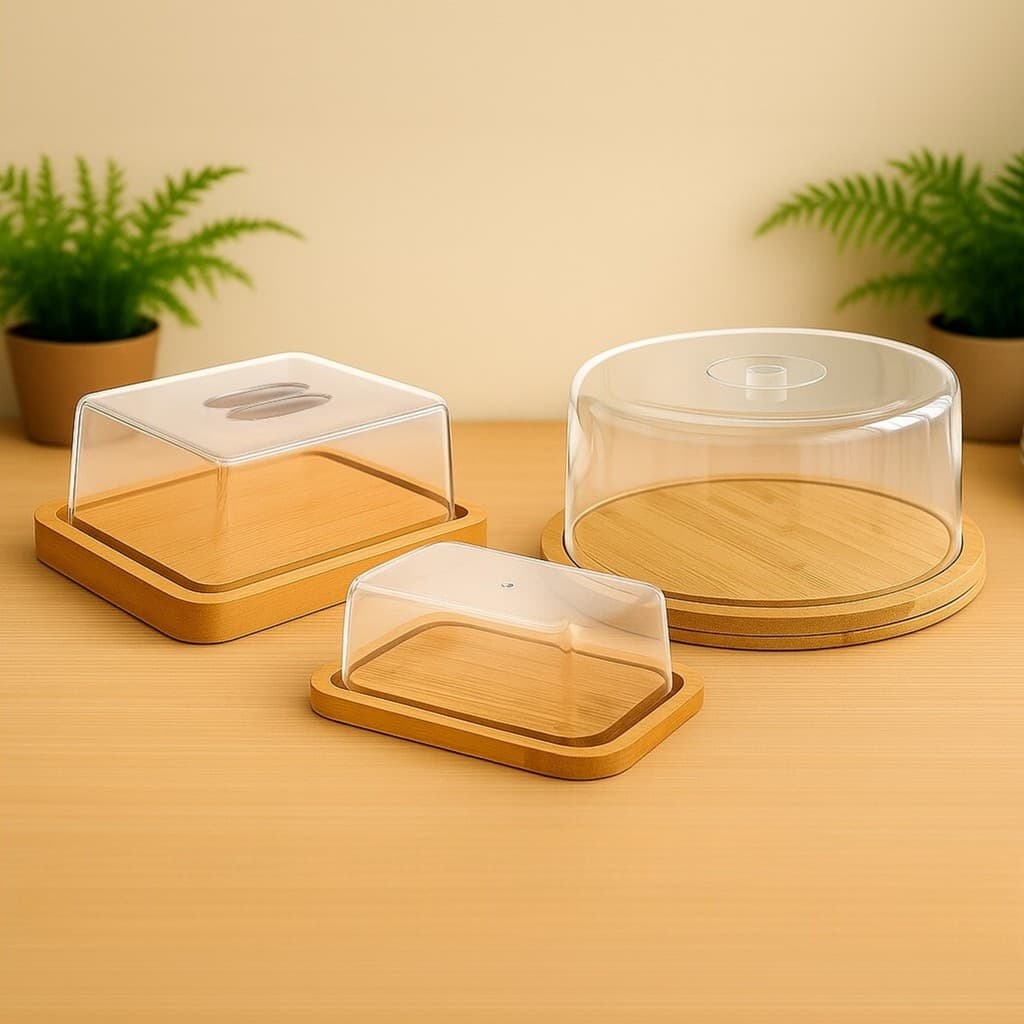 Kit Boleira + Porta Frios + Manteigueira Bambu Acrílico Pote
