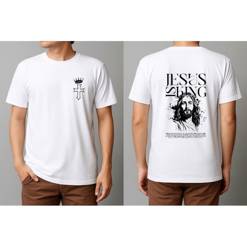 Camisa Maculina Algodão Estampa Cristã Jesus é Rei Camisa Casual Estilosa Deus Frente e Verso