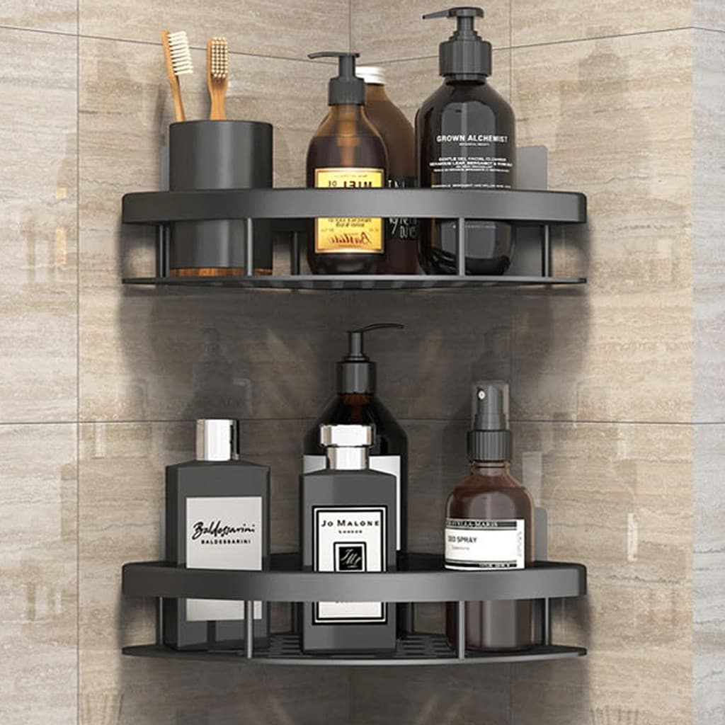 Kit 2 Porta Shampoo Triangular De Canto Adesivo Alumínio Preto Não Enferruja