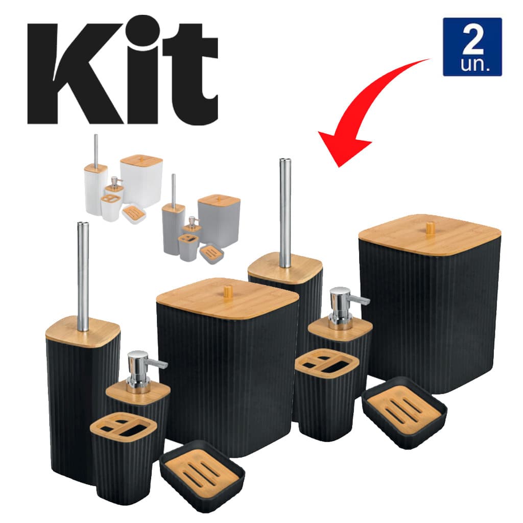 Kit 2 Conjutos Acessórios P/ Banheiro Lavabo Luxo 5 Peças Bambu