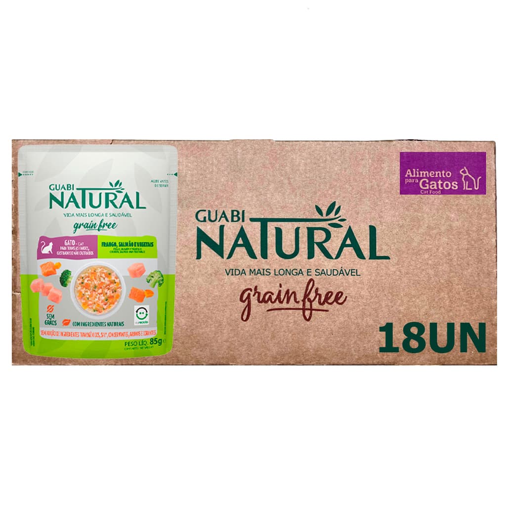 Sachê Guabi Natural Gatos Grain Free Frango Salmão e Vegetais 85g 18 Unidades