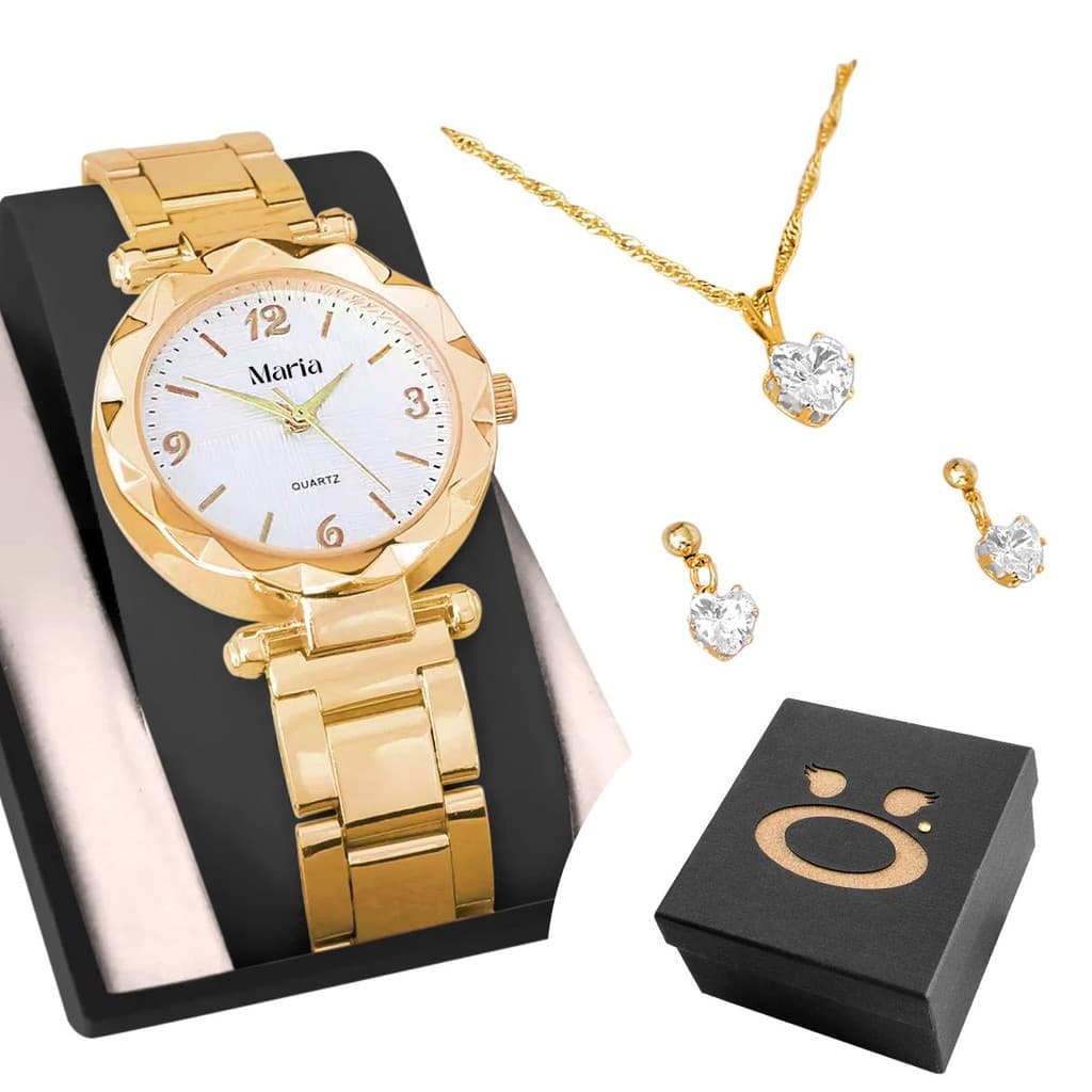Relogio Feminino Aço Dourado Banhado + Colar Strass + Caixa + Brinco transparente inoxidável social