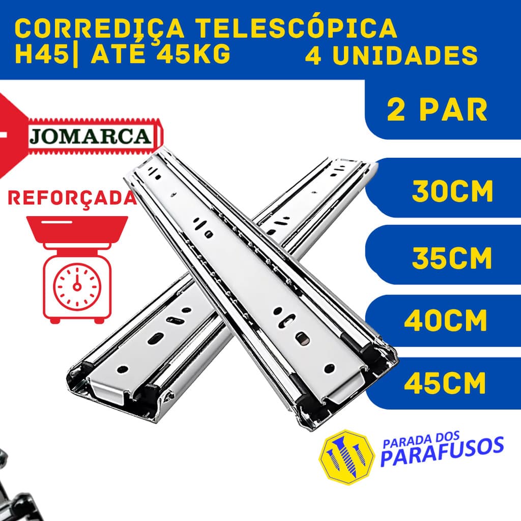 4 Corrediça Reforçada Telescópica Aço Jomarca 2 Par 45kg 30 a 45cm corrediças para gaveta