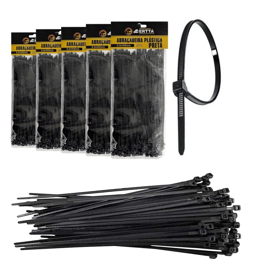 500 Enforca Gato Cinta Plástica Abraçadeira Lacre de Nylon 3.6x100mm Fita Hellerman 10cm Preto