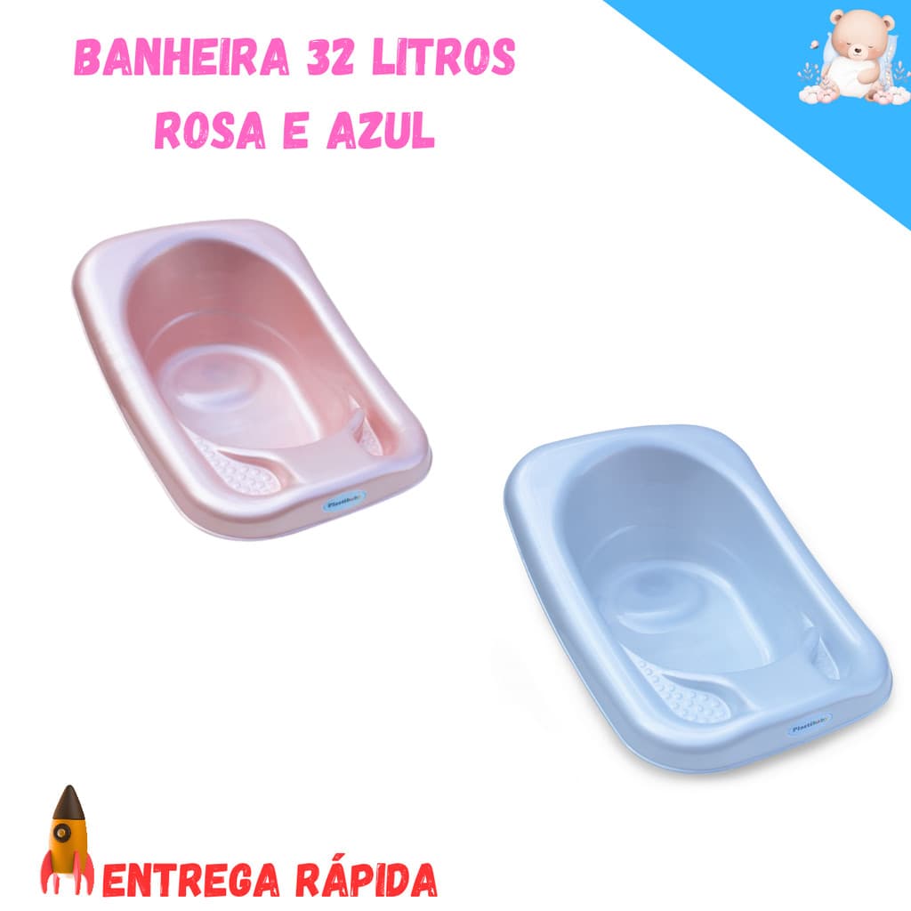 Banheira Bebê Infantil 32L Banho Higiene Rosa ou Azul Perolado Envio Imediato