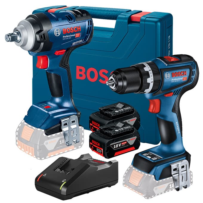 Kit Chave Impacto 1/2" GDS 18V-400 + Parafusadeira/Furad Imp 1/2" GSB 18V-90 C + 2 Bateria 4Ah + Carregador Rápido Bosch