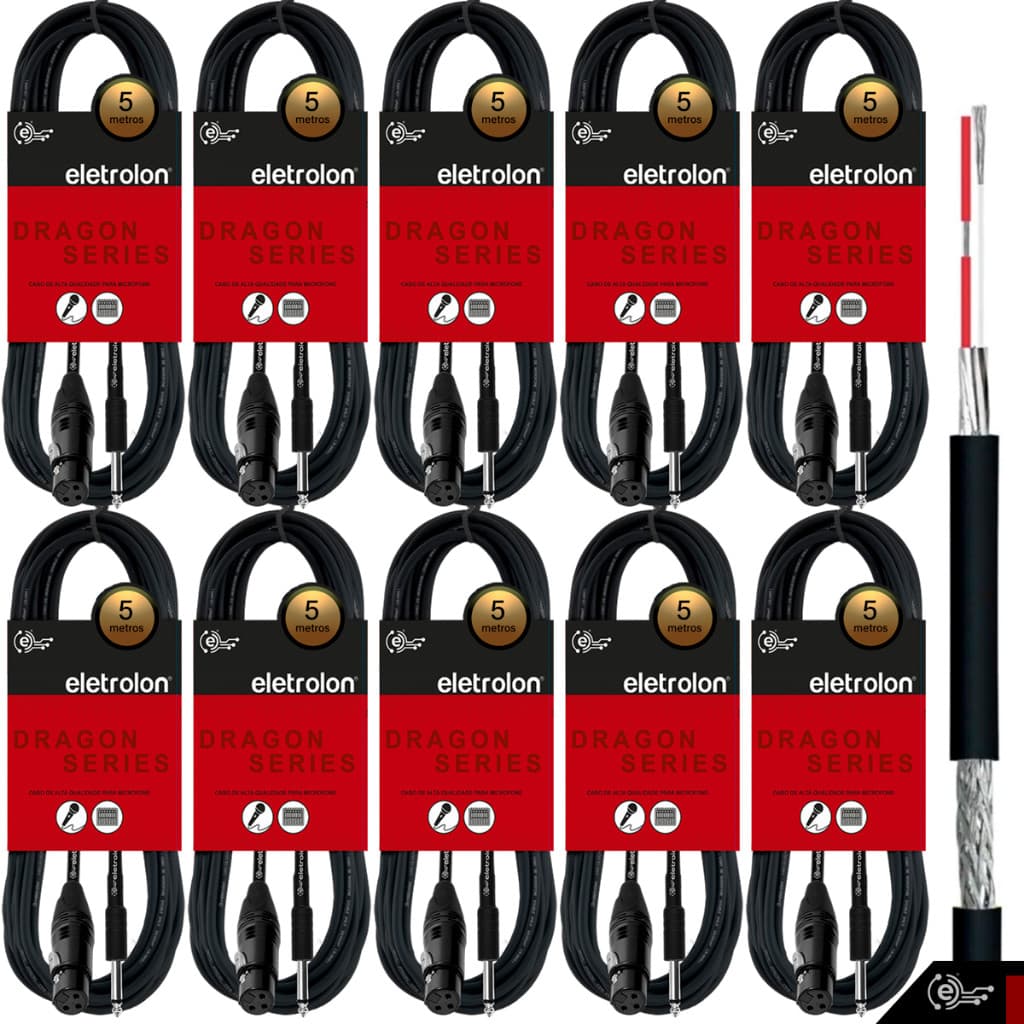 Kit 10 Cabo De Microfone P10 Mono Para Xlr Fêmea 5m Metros