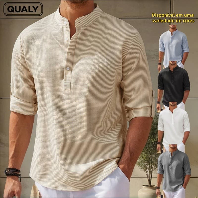 Camisa Manga Longa Masculina Blusa Social Estilosas Solta Casual Waffle Bata Com Colarinho Meio Botão - QUALY