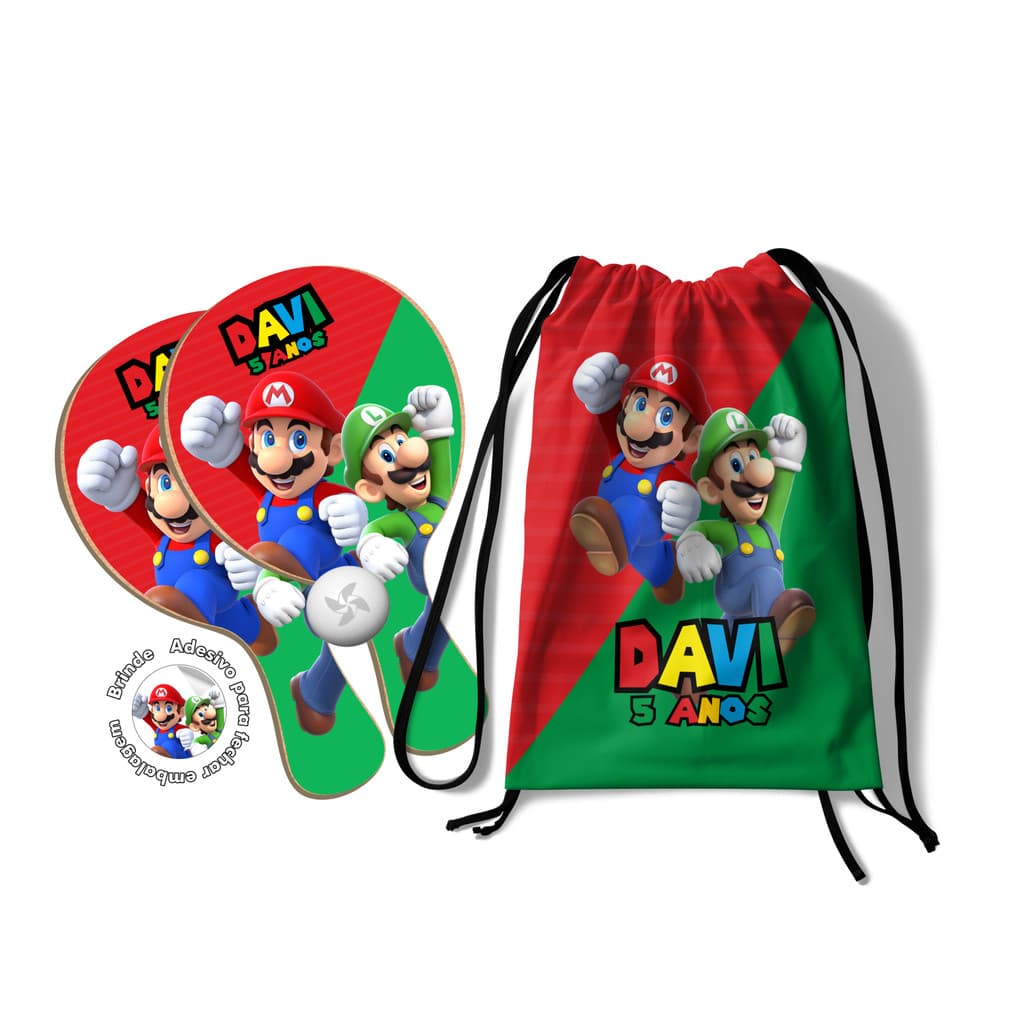 7/10/15/20/25 Kit Mochilinha e Raquetes Ping Pong -  Super Mario Bros